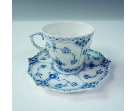 A fine Royal Copenhagen demitasse cup and saucer set in the classic Blue Fluted Half Lace pattern, model number 1038. This ic
