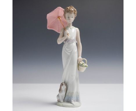 Charming Lladro figurine titled Garden Classic (1007617), depicting a young woman holding a lace-trimmed parasol and a basket