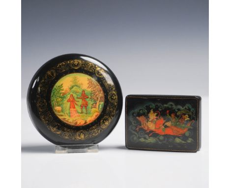 Pair of vintage Russian lacquer boxes, both marked Made in USSR. The round box measures 3.5"Dia. and features a hand-painted 