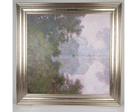Large framed textured giclee on board titled Morning on Seine, after the original painting by Claude Monet. The piece capture
