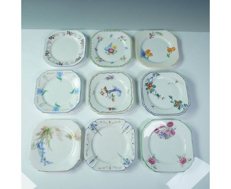 Assorted set of twelve square fine bone china dessert plates by Shelley, England. Each plate features a unique hand-decorated