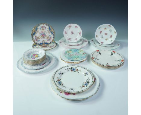 Set of 27 Shelley England plates in assorted shapes, sizes, and floral patterns. Each piece bears the Shelley England backsta