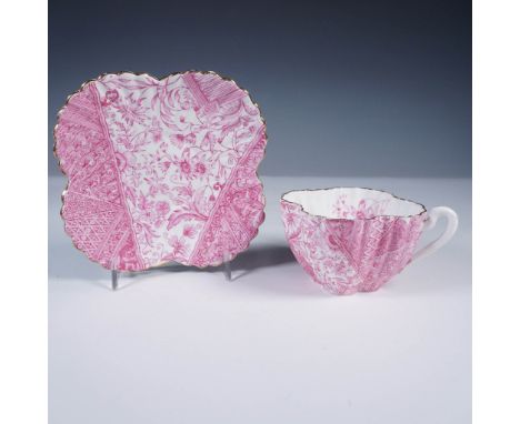 Victorian porcelain cup and saucer set by Wileman &amp; Co., predecessors to Shelley China. Decorated in rich pink transferwa