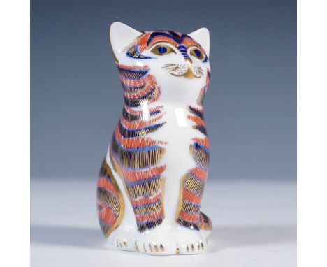 Royal Crown Derby English bone china figurine in the form of a seated cat, decorated in the traditional Imari palette of coba