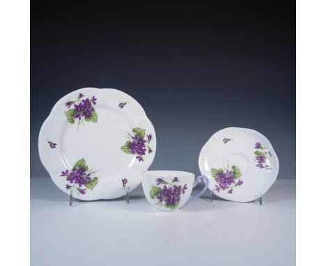 Shelley fine bone china tea trio featuring the delicate Violets pattern, number 13821. This set includes a scalloped-edge lun