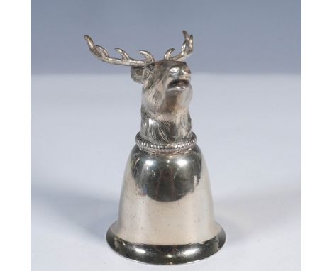 Silver-plated stirrup cup in the shape of a stag's head, featuring a gold-washed interior and finely detailed antlers and fur