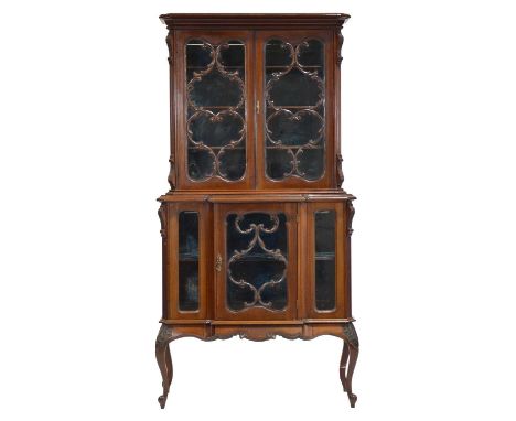 Late Victorian mahogany silver cabinet, moulded cornice with canted corners, scrolled glazing bars to glass doors, cabriole l