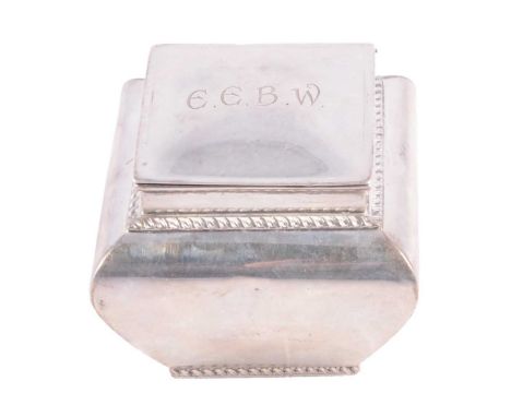 Late Victorian silver tea caddy, Charles Boyton, London 1898, of square section baluster form, engraved initials to lid, gadr