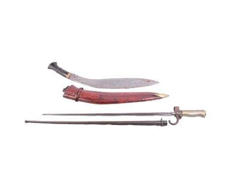French lebel bayonet, 1886 pattern, 52cm blade, with steel scabbard; and a Kukri knife, horn handle, in a leather sheaf. (2)