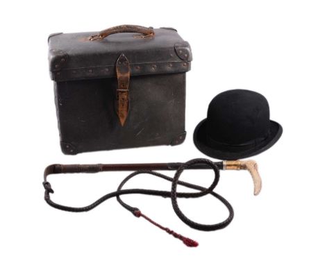 Vintage Moss Bros Top Hat, in case; a Bowler hat; and a whip with horn handle, stamped Swaine, personal engraving.