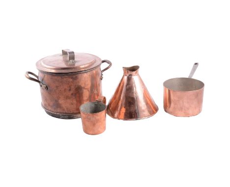 Copper and brass kitchenalia and other wares, including a large two-part steamer, waterbath, measures, George Potter &amp; Co