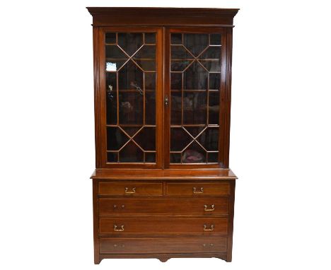 Victorian mahogany bookcase top, moulded cornice, astragal glazed panel doors, on a matched Edwardian chest on drawers, width