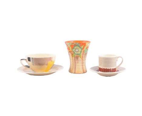 Clarice Cliff small 'Jonquil' vase, shape 572 in Delecia glaze, 10cm; a Susie Cooper Art Deco tea cup and saucer with geometr
