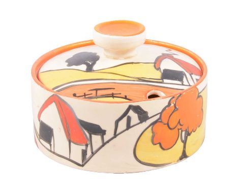 Clarice Cliff, 'House and Bridge' cylindrical box and cover, circa 1930, Fantasque Bizarre mark, 10cm diameter.Condition repo