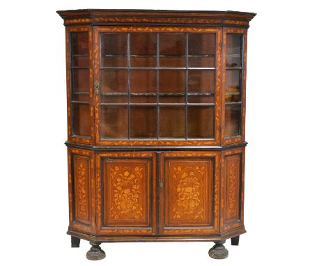 Dutch walnut and marquetry cabinet, 18th Century, moulded cornice above one glazed door enclosing two shelves, cupboard below