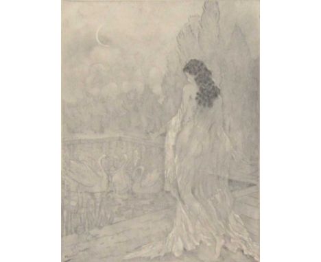 After Edouard Chimot (French, 1880-1959),Two Nude studies, and Woman with Swans,three drypoint etchings, nude plates 21x15.5c