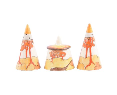 Clarice Cliff, 'Coral Firs' three-piece Conical cruet set, the mustard pot with Bizarre backstamp, salt and pepper 8cm high, 
