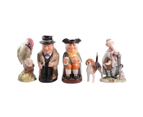 Box of decorative ceramic figurines, including Bewsick Champion Wendover Billy, Doulton character jugs including three gradua