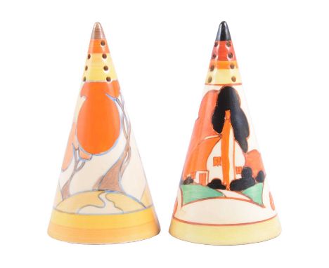 Clarice Cliff, two conical sugar sifters, 'Orange Autumn' and 'Farmhouse' patterns, each 14cm, ('Farmhouse' restored).Qty: 2C