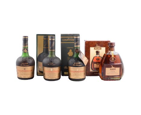 Four bottles of Cognac, two boxed Courvoisier Cognac V.S.O.P., both 680ml; another without box; and a boxed Hine V.S.O.P., 70