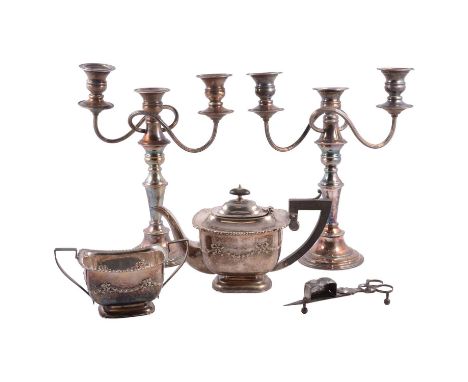 Various silver plated ware inlcuding pair of three-branch candelabra, six-bottle cruet stand, teapot and sugar bowl, etc.Qty: