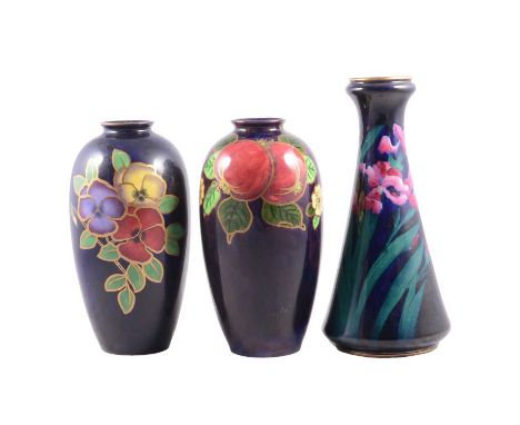 Two Maling Ware lustre vases and a small bowl, 'Peona' pattern; pair of Regal Pottery 'Le Fruit' ovoid vases, 23cm; another d