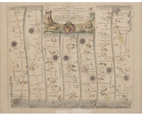 John Ogilby, The Road from Cambridg to Coventry, hand-coloured engraved ribbon map, 35cm x 42cm.