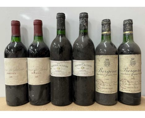 Six assorted vintage Bordeaux region reds:Ch de Laborde, 1989, Bordeaux, x2Selection du Causse 1988, Cahors, x2Bergerac 1985,
