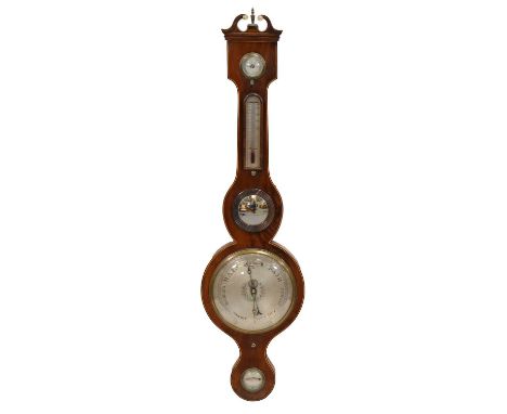 George III mahogany banjo barometer, swan neck pediment, the case with outline stringing, silvered dials, width 26cm, height 