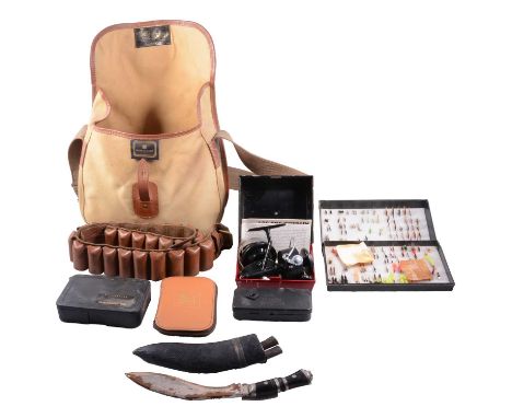 A House of Hardy canvas creel, fly case, other fishing accessories including a Garcia Mitchell 300 fishing reel, and leather 