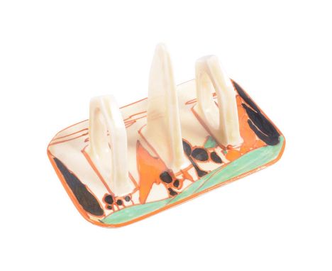 Clarice Cliff, 'Summerhouse' pattern toast rack, Fantasque backstamp, width 12.5cm.