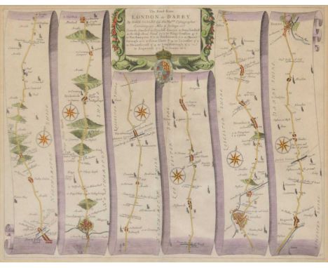 After John Ogilby,The Road from London to Darby [sic],hand coloured map,32x43cm.