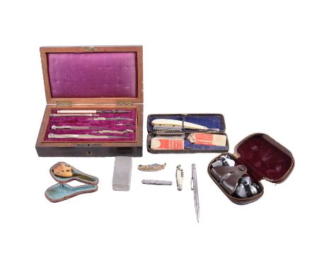 Silver Fyne Poynt Pen, Razor, Clay Pipe, Binoculars, metal box with three Pocket Knives in &amp; Drawing Set.