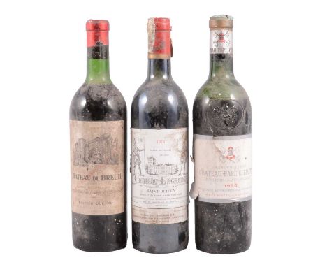 Three bottles of vintage French red wine:1958 Ch Pape Clement, Bordeaux1964 Ch du Breuil, Haut-Medoc1978 Ch Lagrange, Saint-J