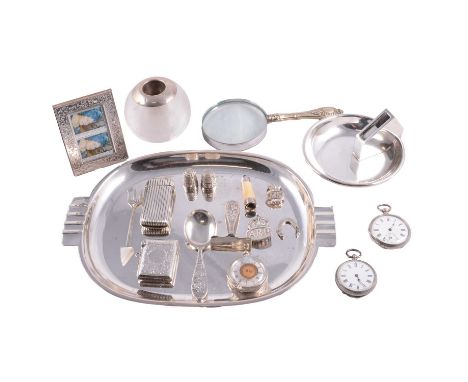 Silver vester, three silver-cased pocket watches, silver thimbles, a plated Art Deco tray, white metal vester, Art Deco ashtr