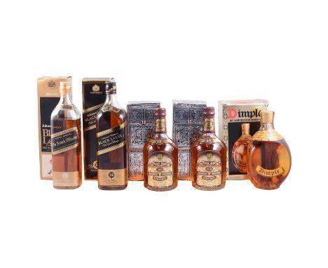 Five boxed bottles of blended Scotch Whisky: two bottles of Johnnie Walker Black Label; two bottles of Chivas Regal and a bot