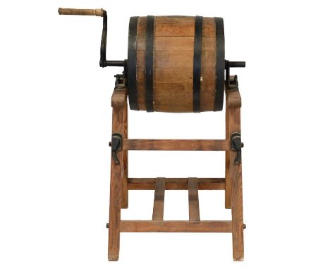 Victorian butter churn, C Hathaway, Chippenham, Wilts, on original pine stand, overall width 87cm, depth 66cm, height 109cm.