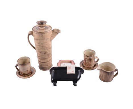 Studio Pottery coffee set by Roy and Paul Newman/ Pear Tree Pottery, including tall stoneware coffee pot, six cups and saucer