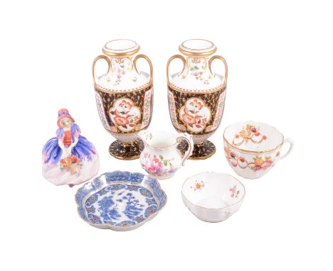 Pair of Wedgwood bone china amphora shape vases, one damaged; Royal Doulton figure, Greta; another, Monica; Royal Crown Derby