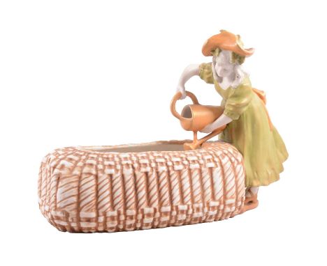Amphora pottery figural bowl, girl with watering can by a basket trough, 31cm.Condition report:Loss of gilding to various are