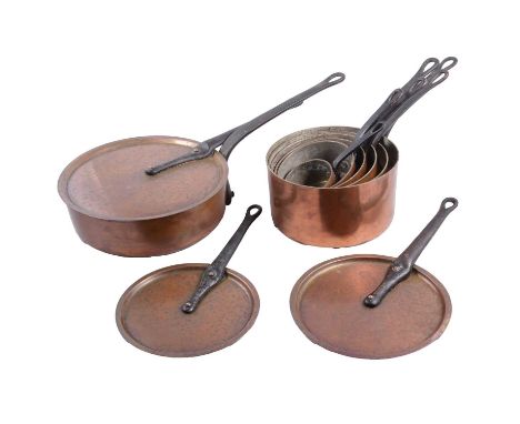 Set of six graduated pans and covers, another larger pan and cover, and an oval cooking pot and cover, all stamped 'G. Lecler