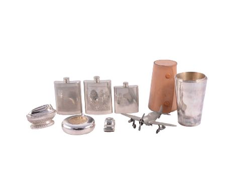 Set of six graduated nickle-plate hunting beakers, in leather case, three pewter hipflasks, a Lancelott flask, Spitfire model