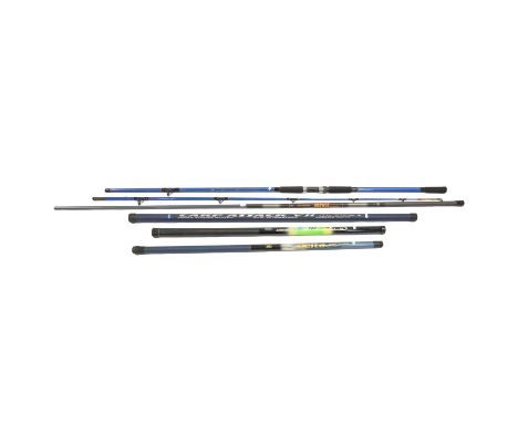 Four modern fishing poles, including a Carp Attack VII 8m pole, a Lineaeffe International Pro Starter 7007, a Lineaeffe Inter