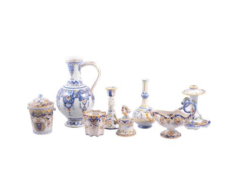 Faience ewer, 28cm, bottle vase with monogram and motto Certosa Firenze, candlesticks; lidded pot; bell, vases, etc.