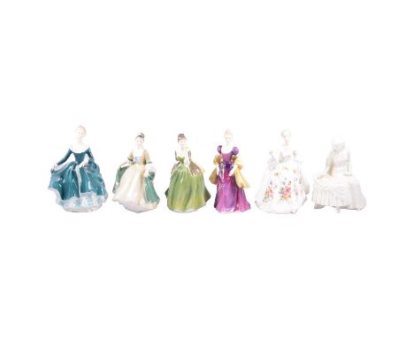 Five Royal Doulton figurines, a Worcesterter figure (sprung), and a Charlton Collector's guide book, 7th edition.Qty: 7