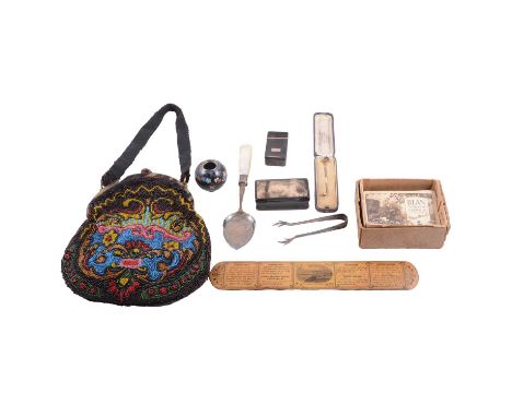 Small quantity of collectables, including an agate and mother of pearl letter opener, "Postal Ruler and Paper Folder", horn s
