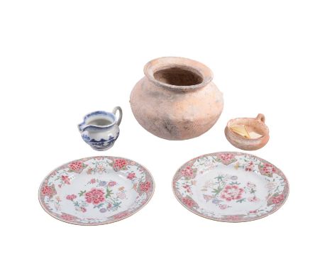 Pair of Chinese polychrome plates, painted peony decoration; a Thai terracotta vessel, four lugs to the shoulder, incised tex