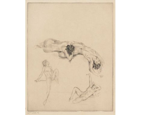 After Edouard Chimot (French, 1880-1959),Les Chansons secretes de Bilitis, (reclining nudes),drypoint etching, plate 27.5x21.