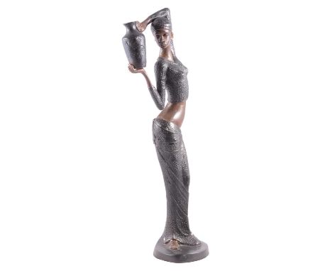 Patinated bronzed figure of a tall African lady carrying an amphora, 51cm.
