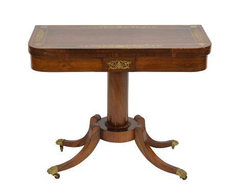 Regency rosewood and brass inlaid card table, D shaped foldover top, turned column, four splayed legs with brass paw feet and